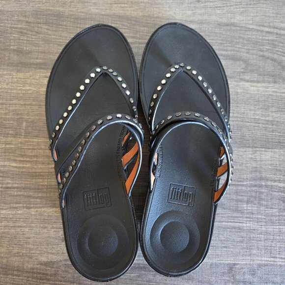 FitFlop Linny Leather Rhinestone Criss-Cross Toe Post Sandal Black Size Womens 8 - Picture 5 of 9